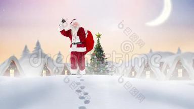 圣诞老人在冬天的景色和下着的雪中<strong>敲钟</strong>